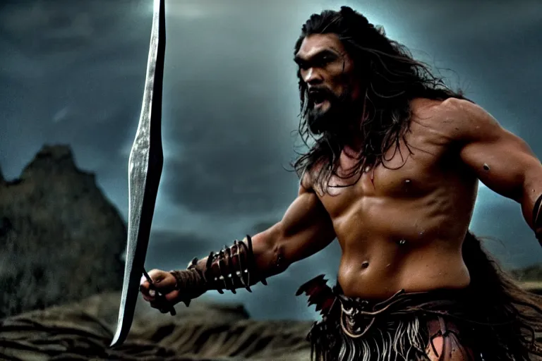 Image similar to film still from conan the barbarian, jason momoa as conan in the catacombs of evil, torch light, fantasy armor, volumetric lighting, wet skin and windblown hair, muscular!!!, battle action pose, ridley scott, high contrast