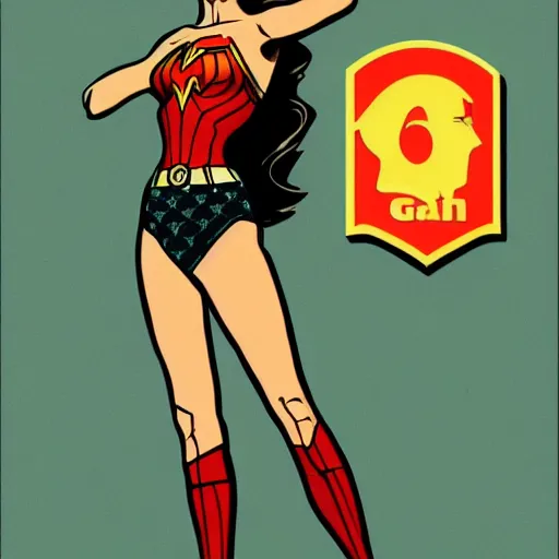 Prompt: illustration, full body portrait of gal gadot in the style of bill medcalf, retro, 1 9 5 0, 4 k, detailed