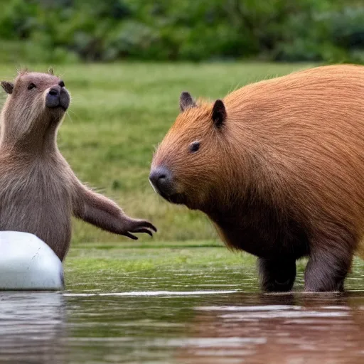 Image similar to a huge capybara fighting Godzilla in Philadelphia