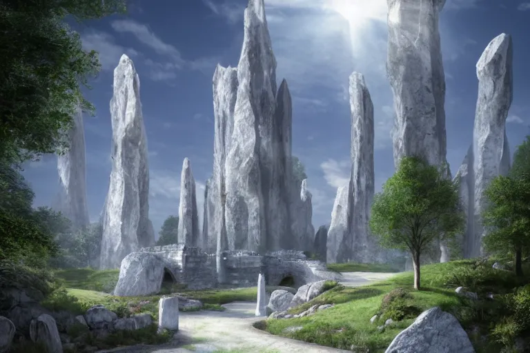 Image similar to White monoliths surging with magical runes at the bottom of green hills with white stone pathwalks surrounded by a moat, clear blue skies in the background, by Thomas Kincade, Richard Sigamani, 8k photorealistic, cinematic lighting, HD, high details, concept art, trending on artstation