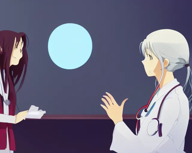 Image similar to a cute young female doctor wearing white coat are talking to a women in red shirt in a hospital, silver hair, slice of life anime, lighting, anime scenery by Makoto shinkai