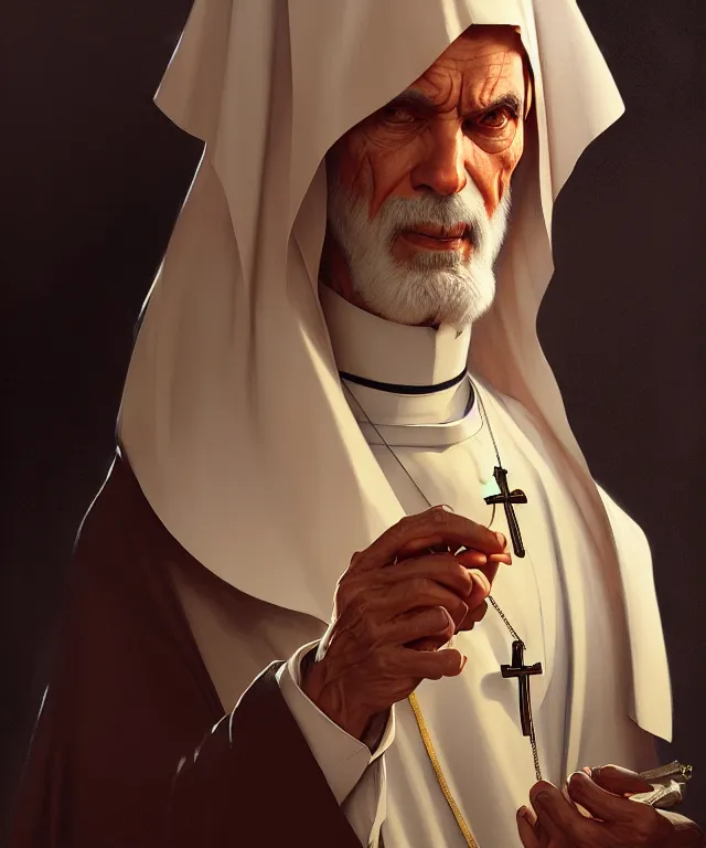 Image similar to a greedy preacher, an evil Catholic priest, portrait, intricate, elegant, highly detailed, digital painting, artstation, concept art, smooth, sharp focus, illustration, art by artgerm and greg rutkowski and alphonse mucha