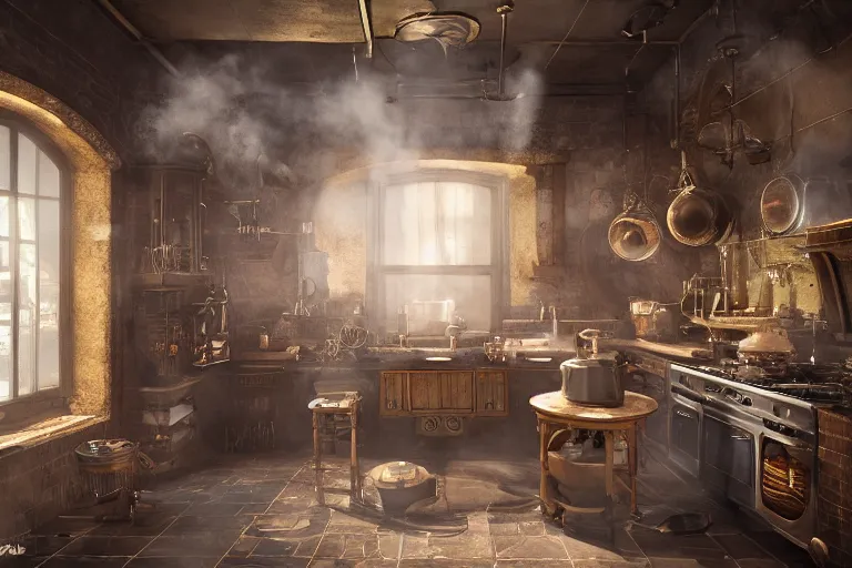 Prompt: detailed octane zbrush render of [Benjamin Franklin cooking breakfast inside a steampunk kitchen], WITH liminal space, high detail, rendered in unreal engine, 3d render, god rays, volumetric lighting, HDR, subsurface scatter, mansion, interior, large windows, rich house