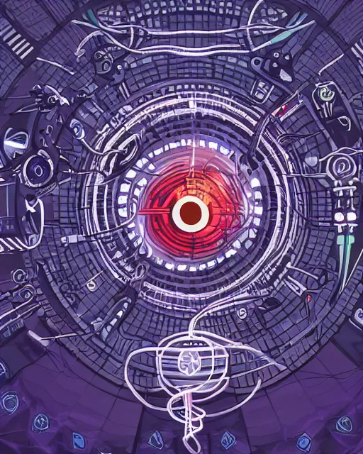 Image similar to eldritch being intertwined with technology, robotic eye, pyramid symbol, paranoia, wires, occult symbols, cyberpunk, digital art, very detailed, colored, clean lines