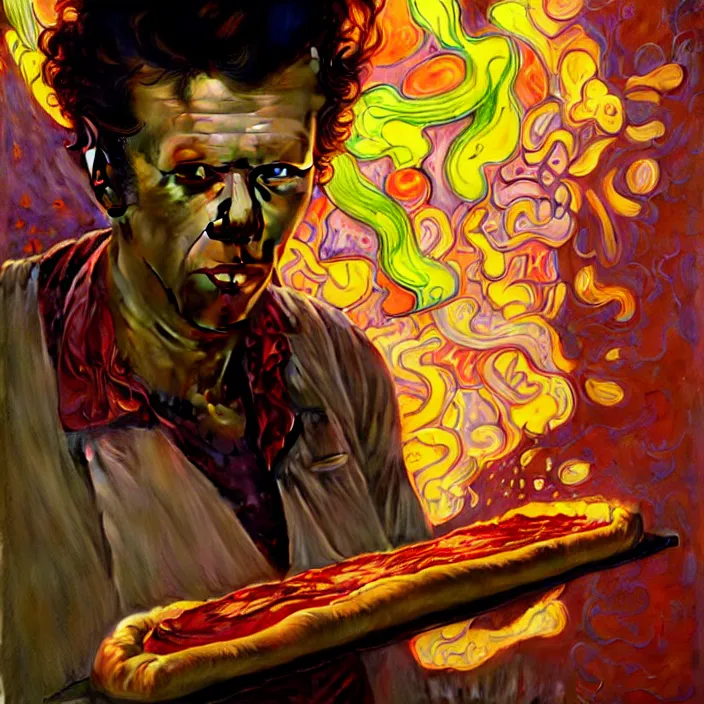 Image similar to bright psychedelic portrait of tom waits baking pizza, diffuse lighting, fantasy, intricate, elegant, highly detailed, lifelike, photorealistic, digital painting, artstation, illustration, concept art, smooth, sharp focus, art by John Collier and Albert Aublet and Krenz Cushart and Artem Demura and Alphonse Mucha