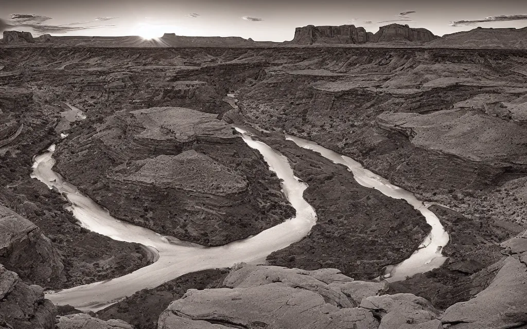 Prompt: “a dried up river bend running through a canyon surrounded by desert mountains at sunset, moab, utah, a tilt shift photo by Frederic Church, ansel adams, trending on unsplash, hudson river school, national geographic photo”