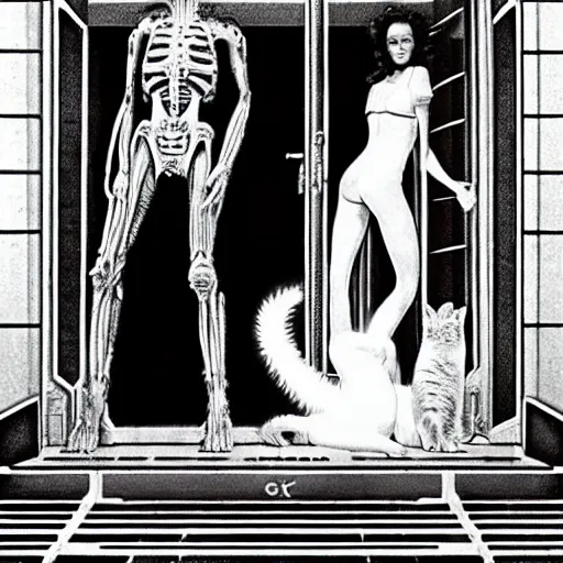 Image similar to detailed still of Ripley-Sigourney Weaver wearing a white singlet and cat Jonesy moving apartment New York City 1983, gothic building entrance way Art Deco, style of H.R. Giger, cinematic feel, high octane