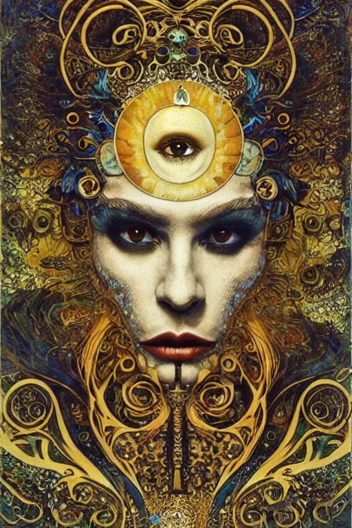 Image similar to Memento Mori by Karol Bak, Jean Deville, Gustav Klimt, and Vincent Van Gogh, beautiful visionary mystical portrait, calavera, otherworldly, fractal structures, ornate gilded medieval icon, third eye, spirals, jeweled calavera