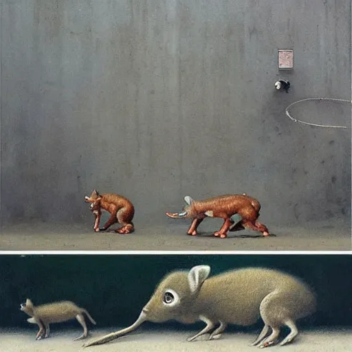 Image similar to by emma geary, by michael sowa. a beautiful street art of a group of creatures that looks like a mix of different animals. most of the creatures have human - like features, such as arms & legs, & some are standing upright while others are crawling or flying.