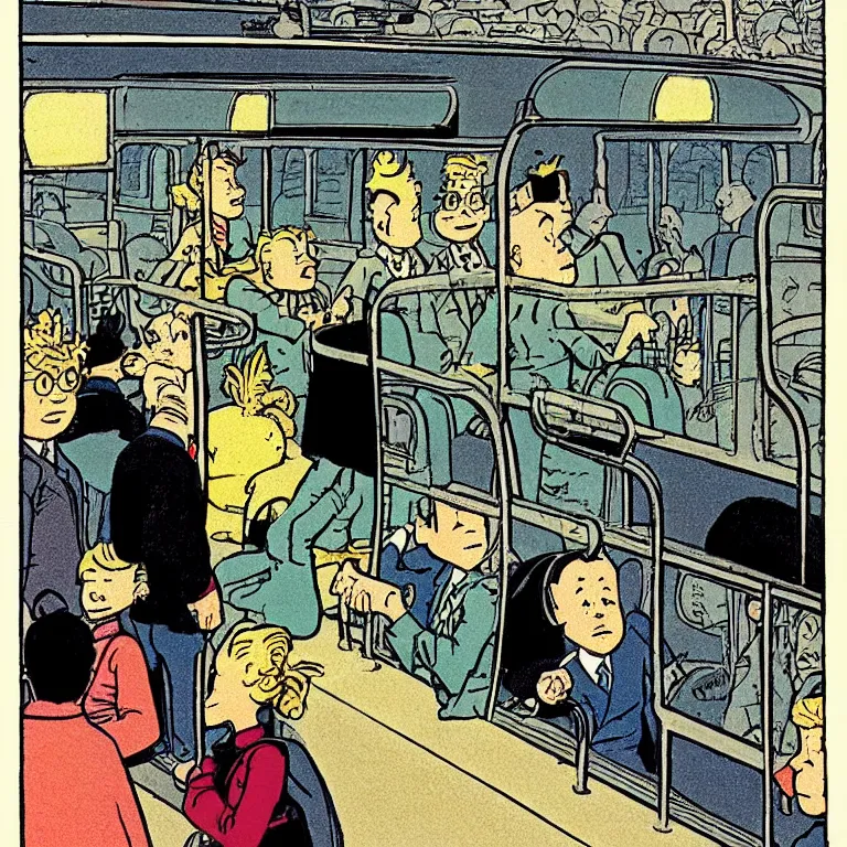 Image similar to some people waiting in bus stop in quiet dark city night, detailed, high quality, high resolution, color illustration by herge in tintin flight 714