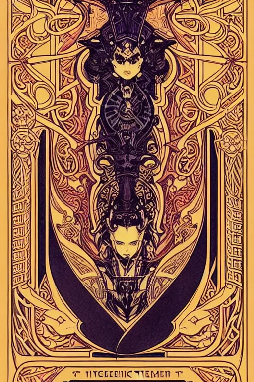 Prompt: concept art design illustration, vertical symmetric tarot card intricate filigree borders!!, 1 6 colors, logo, ink drawing, art by jc leyendecker and sachin teng