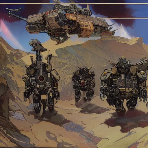 Image similar to USN mechs patrol Australian neutral zone with infantry accompaniment. 2087. Concept art by James Gurney and Alphonso Mucha