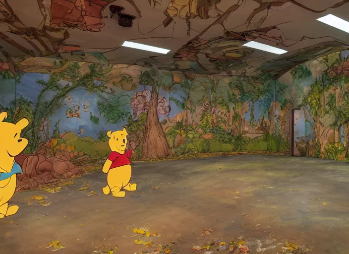 Image similar to the inside of the building for a Winnie the Pooh Disney theme park ride, indoor ride, shut down, abandoned, Florida, out of business building, got shut down, kids place, interior, liminal spaces, backrooms, empty