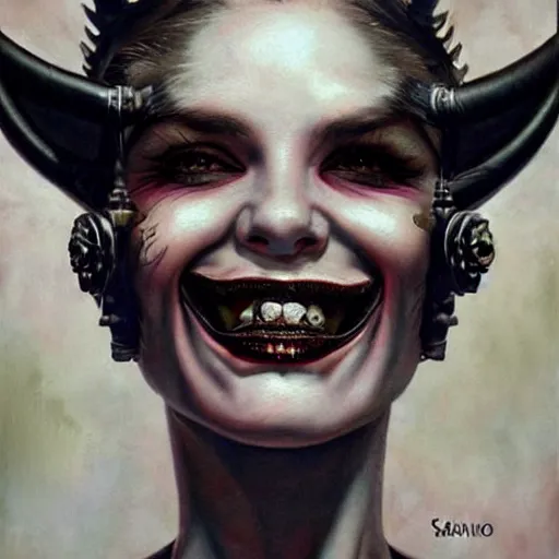 Prompt: a hyperrealistic portrait painting of a beautiful woman with demonic horns wearing steampunk goggles, black lipstick, evil smile, by santiago caruso, highly detailed,