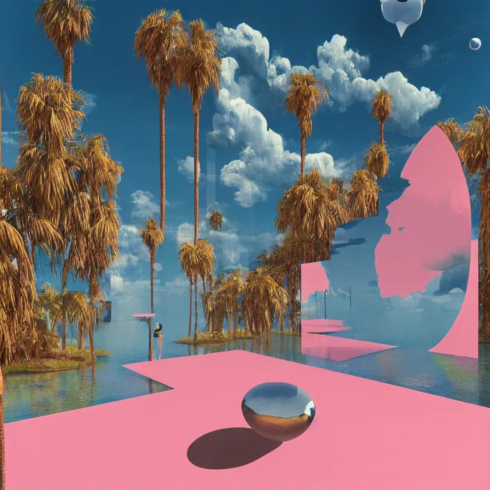 Image similar to hyperrealistic geometric objects in a surreal minimalistic 8 0's dreamscape environment by salvador dali, enormous emoji, highly detailed, 3 d render, octane, beautiful lighting, photorealistic, intricate, elegant, wayne barlowe, water, mirrors, pink doorway, beautiful, masterpiece, trending on artstation, palm tree