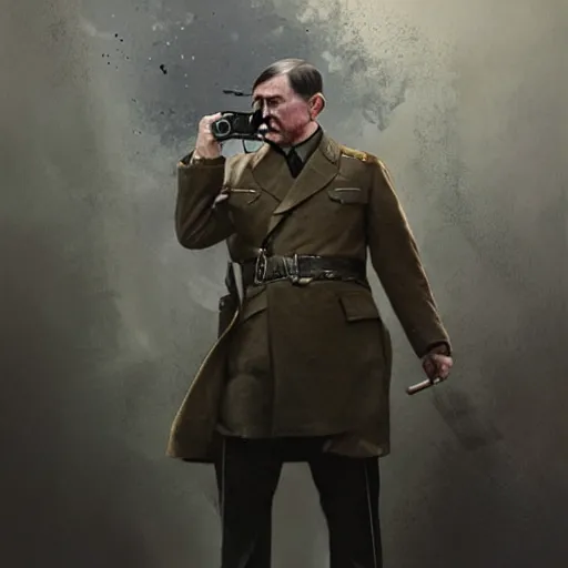Image similar to adolf hitler holding a gun and shooting himself his head exploded because of the bullet by greg rutkowski