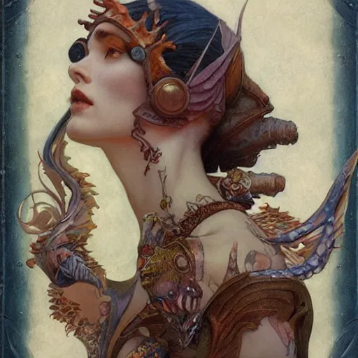 Prompt: '' fantasy fish, concept art, schematics, gnarly details painted by tom bagshaw, norman rockwell, mucha, gurney''