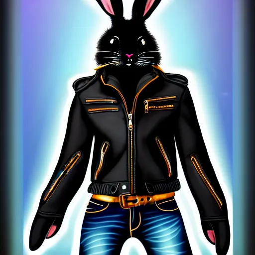 Image similar to A bunny with a small head wearing a fine intricate leather jacket and leather jeans and leather gloves, trending on FurAffinity, energetic, dynamic, digital art, highly detailed, FurAffinity, high quality, digital fantasy art, FurAffinity, favorite, character art