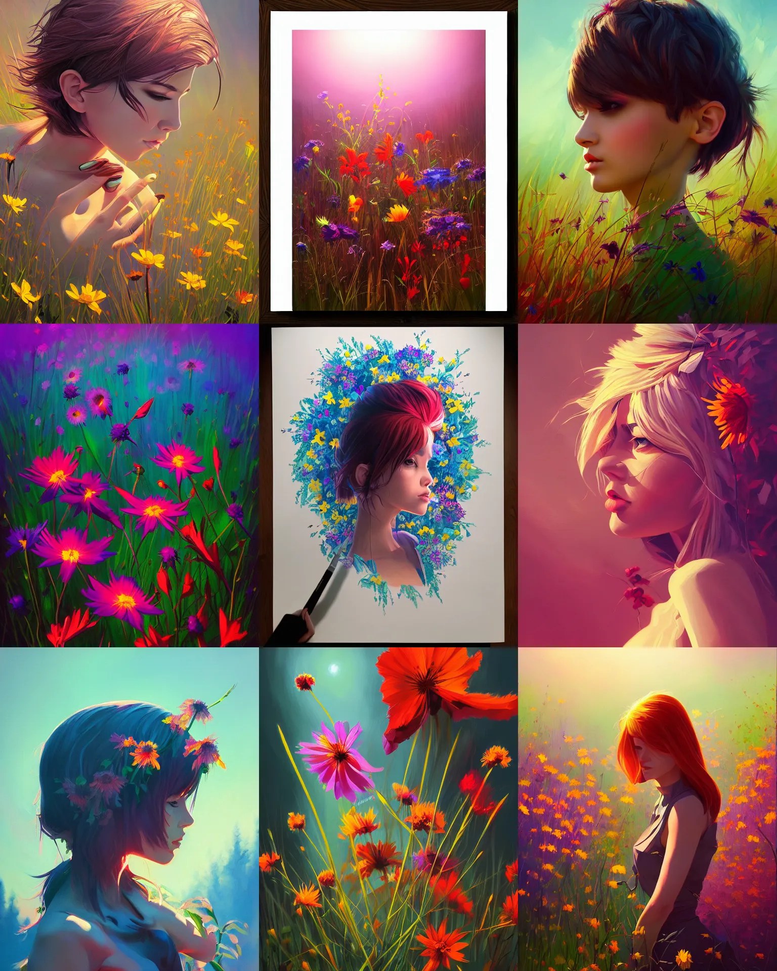 Prompt: epic wild flowers painting by stanley artgerm, dramatic lighting, ilya kuvshinov, trending on artstation, flat colour, geometric curves, 3 colour, flat triangles