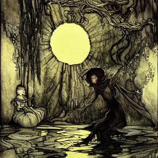 Prompt: terrible eyes from another world look out of the darkness, fabulous illustrations, oil painting, symmetric, elegant, illustrations by irish fairy tales james stephens arthur rackham, 4k, 8k ,