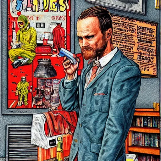 Image similar to The Artwork of R. Crumb and his Cheap Suit Breaking-Bad-Jesse-Pinkman, pencil and colored marker artwork, trailer-trash lifestyle