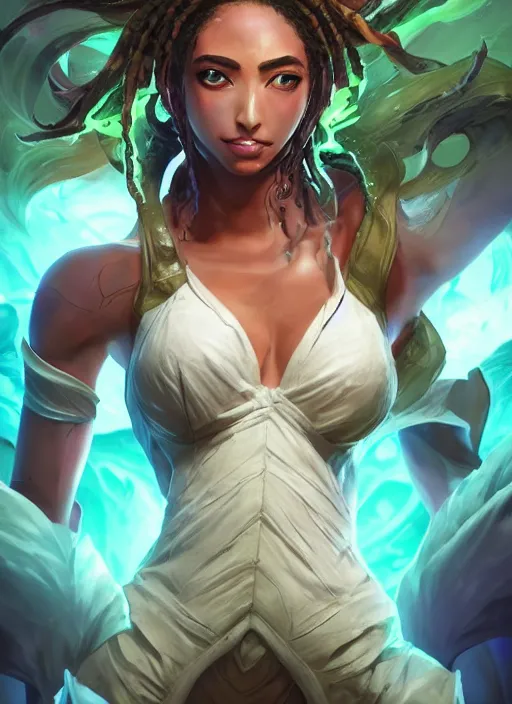 Image similar to senna from league of legends, au naturel, hyper detailed, brown skin, glowing green neon eyes, wearing white hood, digital art, trending in artstation, cinematic lighting, studio quality, smooth render, unreal engine 5 rendered, octane rendered, art style by klimt and nixeu and ian sprigger and wlop and krenz cushart