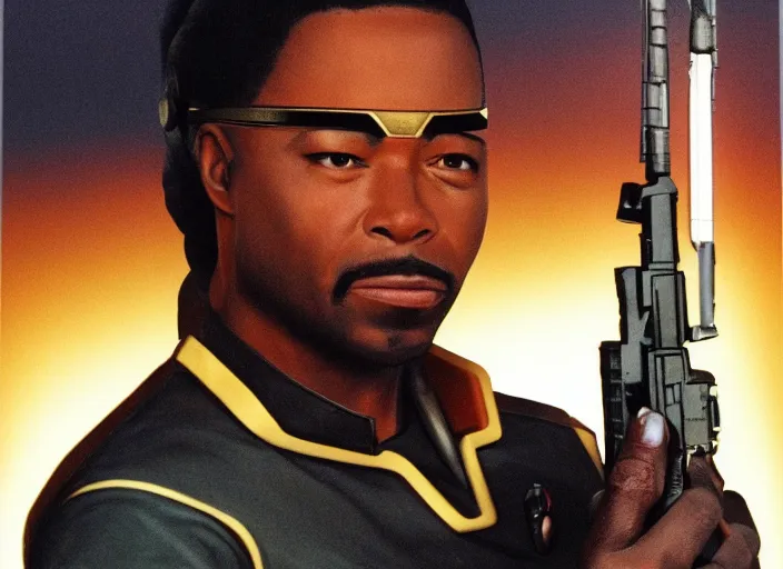 Image similar to a hyper realistic ultra realistic photograph of Commander Geordi La Forge using a gun as a toothpick, highly detailed, 8k photograph