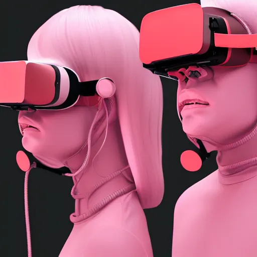 Image similar to intense futuristic bespoke vr headset respirator with long cables like dreadlocks on a set of twin humble hypebeasts, by ilya kuvshinov and james jean and sorayama and ikeuchi and hyein seo and hiroya oku and gilleard james, artstation trending, 8 k, 3 d render, photorealistic, volumetric lighting caustics, pink