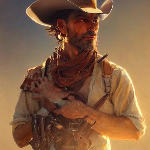 Image similar to a male rugged cowboy, bleeding, D&D, fantasy, intricate, elegant, highly detailed, digital painting, artstation, concept art, smooth, sharp focus, illustration, art by artgerm and greg rutkowski and alphonse mucha