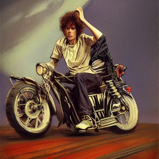 Image similar to character portrait of bob dylan riding his motor cycle and playing his guitar in the fulham football club stadium, gothic, john singer sargent, muted colors, moody colors, illustration, digital illustration, amazing values, art by j. c. leyendecker, joseph christian leyendecker, william - adolphe bouguerea, graphic style, dramatic lighting, gothic lighting