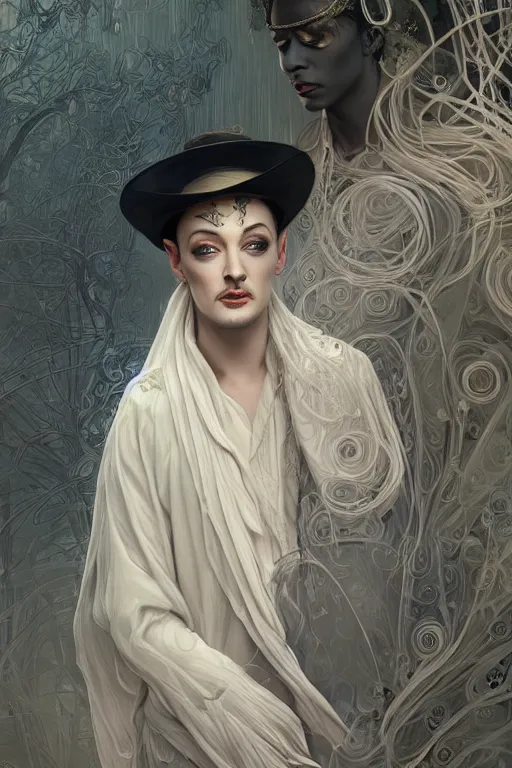 Prompt: portrait of boy george as dream of the endless, the sandman, grey clothes, in persian temple wet night, sci - fi and fantasy, intricate and very very beautiful and elegant, highly detailed, digital painting, artstation, concept art, smooth and sharp focus, illustration, art by tian zi and wlop and alphonse mucha