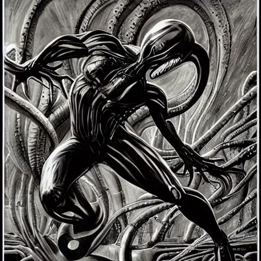 Image similar to venom symbiote by h. r. giger.