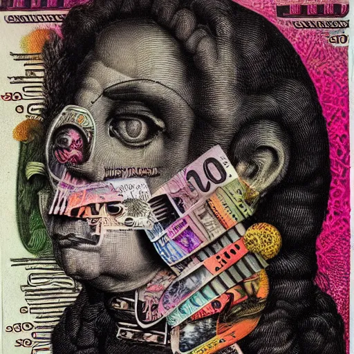 Prompt: abstract post - punk new age album cover, asymmetrical design, dollar bank notes, capitalism, magic, apocalypse, psychedelic, black white pink, highly detailed, magic, giger h. r., abstract giuseppe arcimboldo