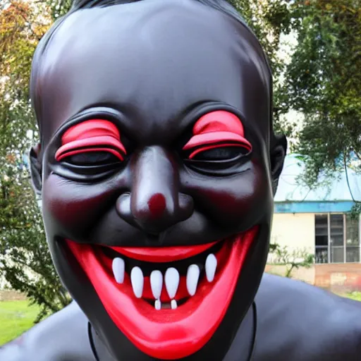 Image similar to statue smiling wide guy high red eyes fake smiles
