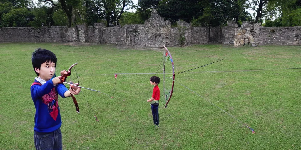 Prompt: a young boy practicing archery in the backyard of a castle, digital art, vivid colors, flat colors, cinematic, wide angle, made by chiho aoshima, trending on artstation, detailed