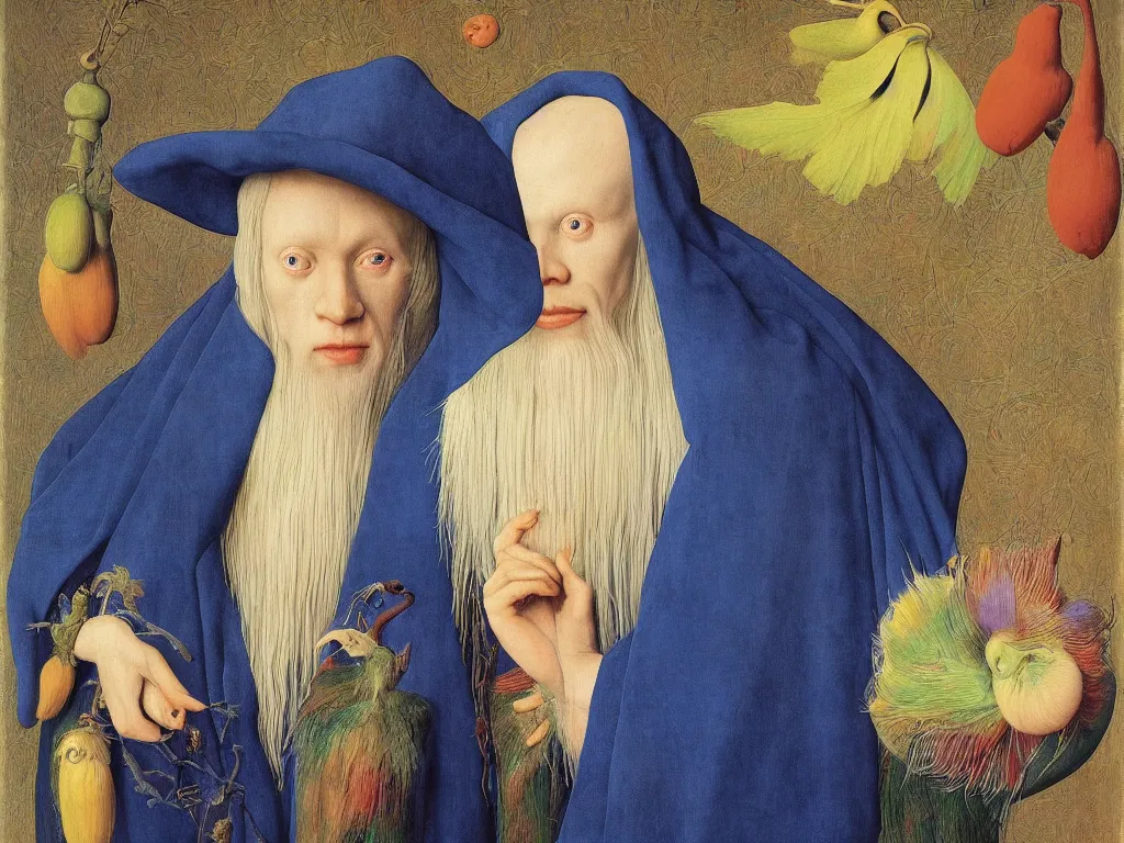 Image similar to Portrait of albino mystic with blue eyes, with beautiful exotic Blepharopsis mendica. Painting by Jan van Eyck, Audubon, Rene Magritte, Agnes Pelton, Max Ernst, Walton Ford