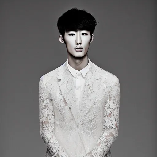 Image similar to a realistic detailed portrait of beautiful young korean male wearing a translucid lace wedding gown designed by alexander mcqueen, photographed by andrew thomas huang for a fashion editorial