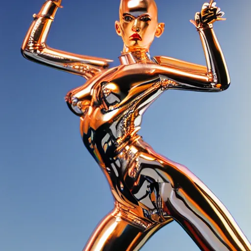 Prompt: a photo of a chrome woman by hajime sorayama, 4 k, golden hour, ƒ / 8, focal length : 5 0 mm, hyper detailed