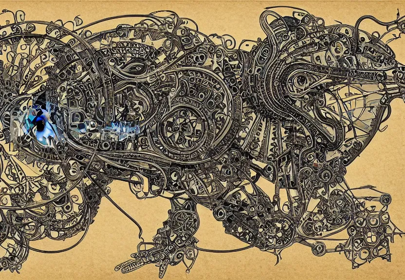 Image similar to small schematic blueprint of highly detailed ornate filigreed convoluted ornamented elaborate cybernetic rat, centered composition, art by da vinci