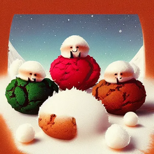 Image similar to a portrait of a mochi snowball - happily eating cannabis cookies with friends, friendly characters snowboarding in a gelatinous environment 3 d rendered in octane, by eyvind earle artgerm