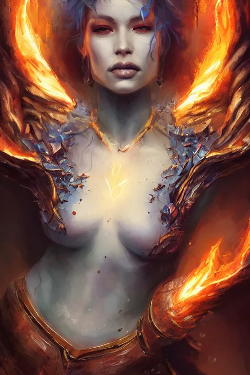 Prompt: torso closeup model wearing exploding fire & ice robe jewels, sorcerer, diamonds, angel, fantasy, dramatic lighting, highly detailed, digital painting, holding electricity, magic the gathering, hyper detailed, 3 d render, hyper realistic detailed portrait, peter mohrbacher, wlop, ruan jia