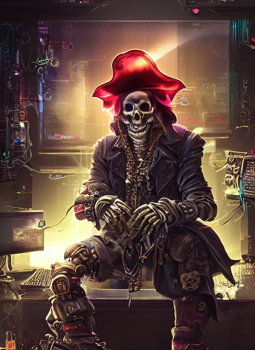 Image similar to a cyberpunk hacker pirate captain skeleton with a pirate hat sitting in front of a crt monitor programming in a dark room, light coming from crt monitor, highly detailed, intricate, digital art, trending on artstation, trending on cgsociety