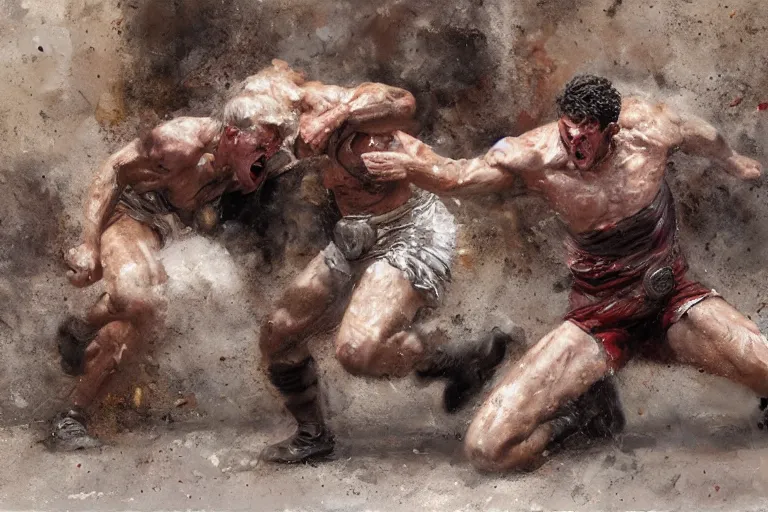 Prompt: two gladiators fighting each other inside the colosseum, hyperrealism, extremely angry facial expressions, hot weather, brutal fight, extreme detail, action pose, Craig Mullins