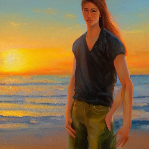 Image similar to a teen guy with mullet, portrait, sunset, ocean in distance, oil painting, pale colors, high detail, 8 k, wide angle, trending on artstation,