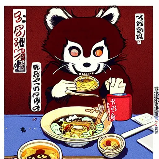 Prompt: anthropomorphic red panda eating ramen, anime by Katsuhiro Otomo