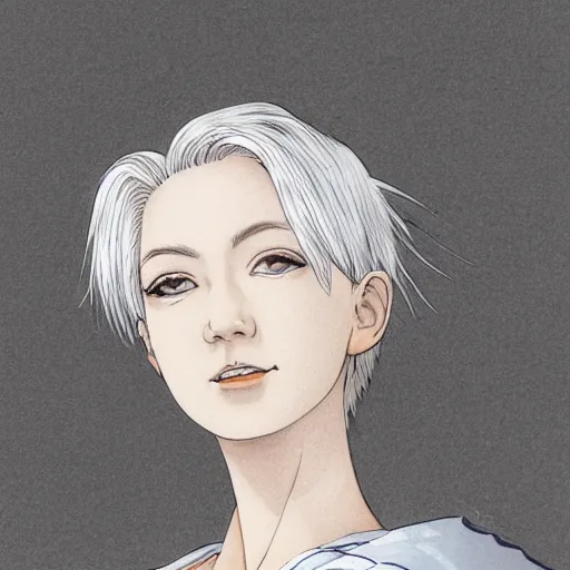 Prompt: portrait of a woman with short white hair, medium shot, illustration, highly detailed, high quality, by eiichiro oda