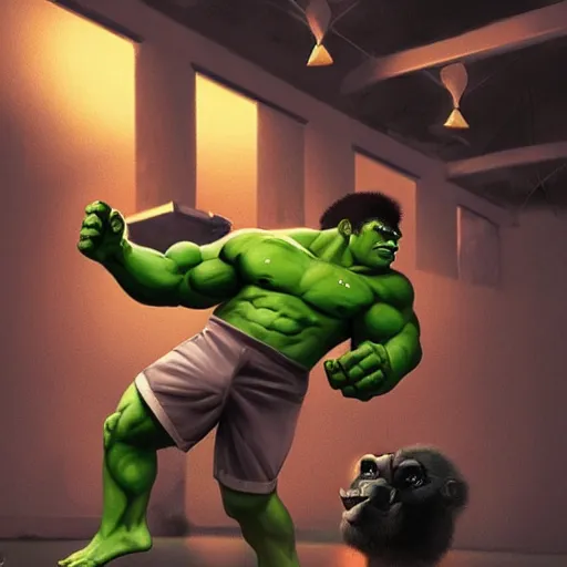 Prompt: Hulk training with a gorilla in a gym, digital art, trending on artstation, well detailed
