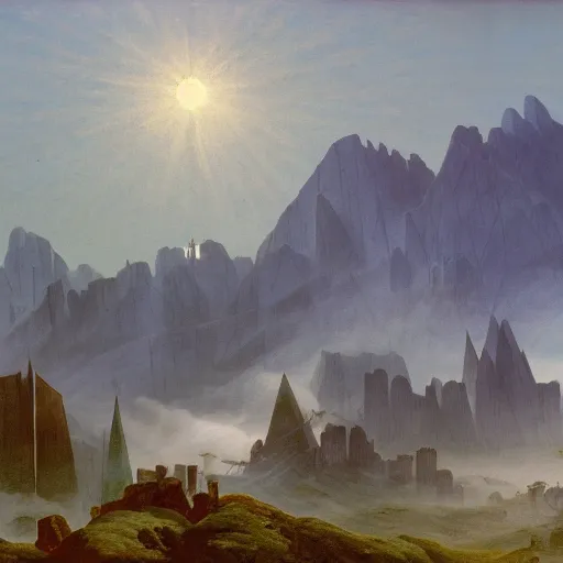 Prompt: sharp pointy mountains with a village piercing through the clouds, wooden platforms, tents, colors, misty clouds, sun at dawn, brutalism, painting by caspar david friedrich