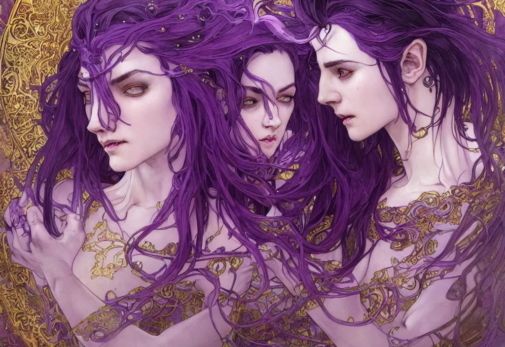 Prompt: vampire with purple hair in armor, highly detailed, very intricate, art nouveau, gold filigree, romantic storybook fantasy, soft cinematic lighting, award - winning, disney concept art watercolor illustration by mandy jurgens and alphonse mucha and alena aenami, pastel color palette, featured on artstation