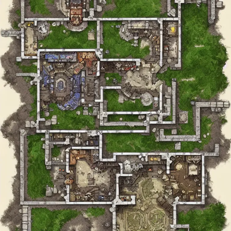 Prompt: full - color fantasy floor plan battle map of a castle hall, d & d, pathfinder, by jeff todd and greg rutkowski, trending on artstation, pinterest